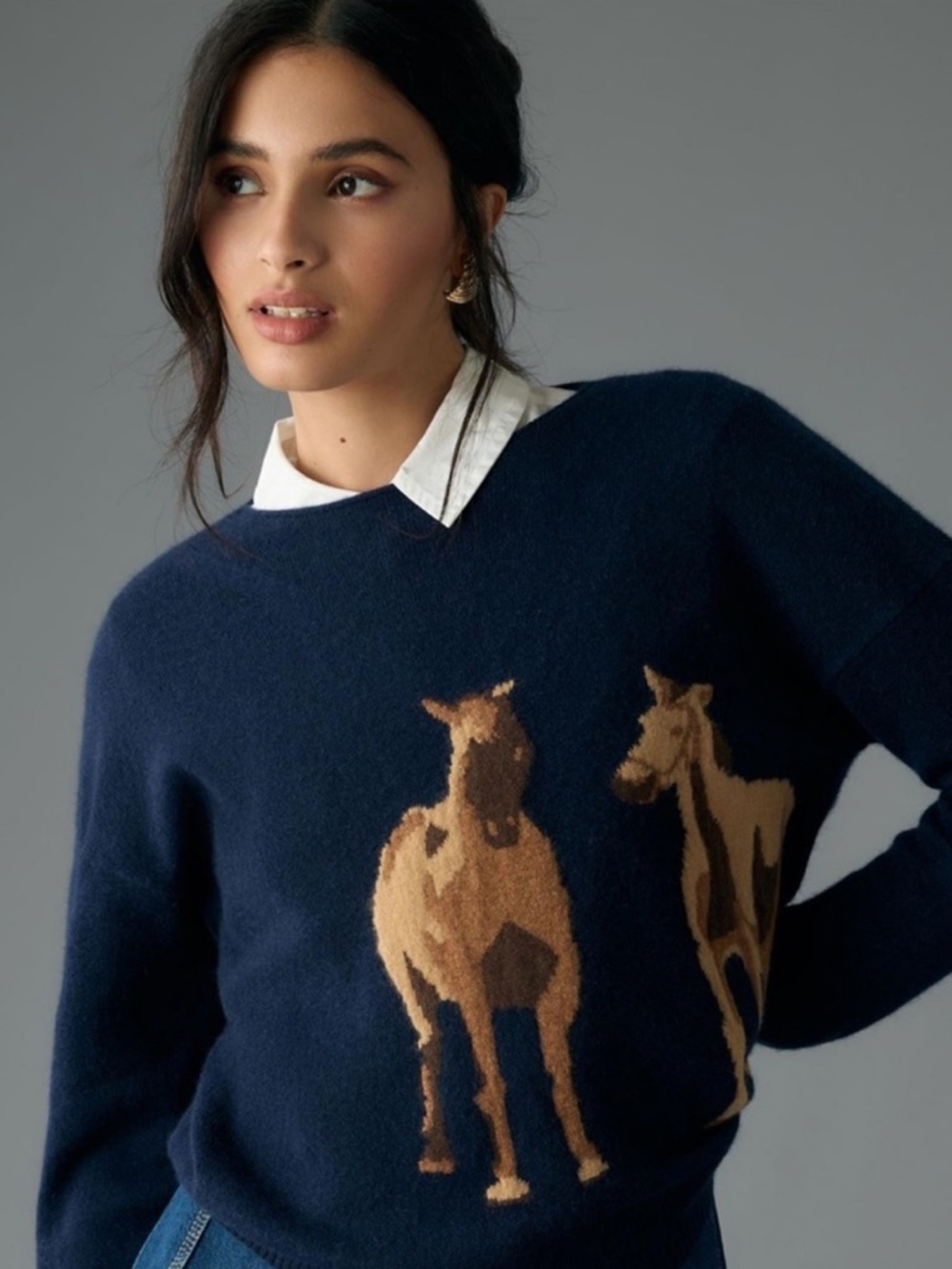 Women’s Anthropology Maeve cashmere Navy Sweater with Horse Design NWT M